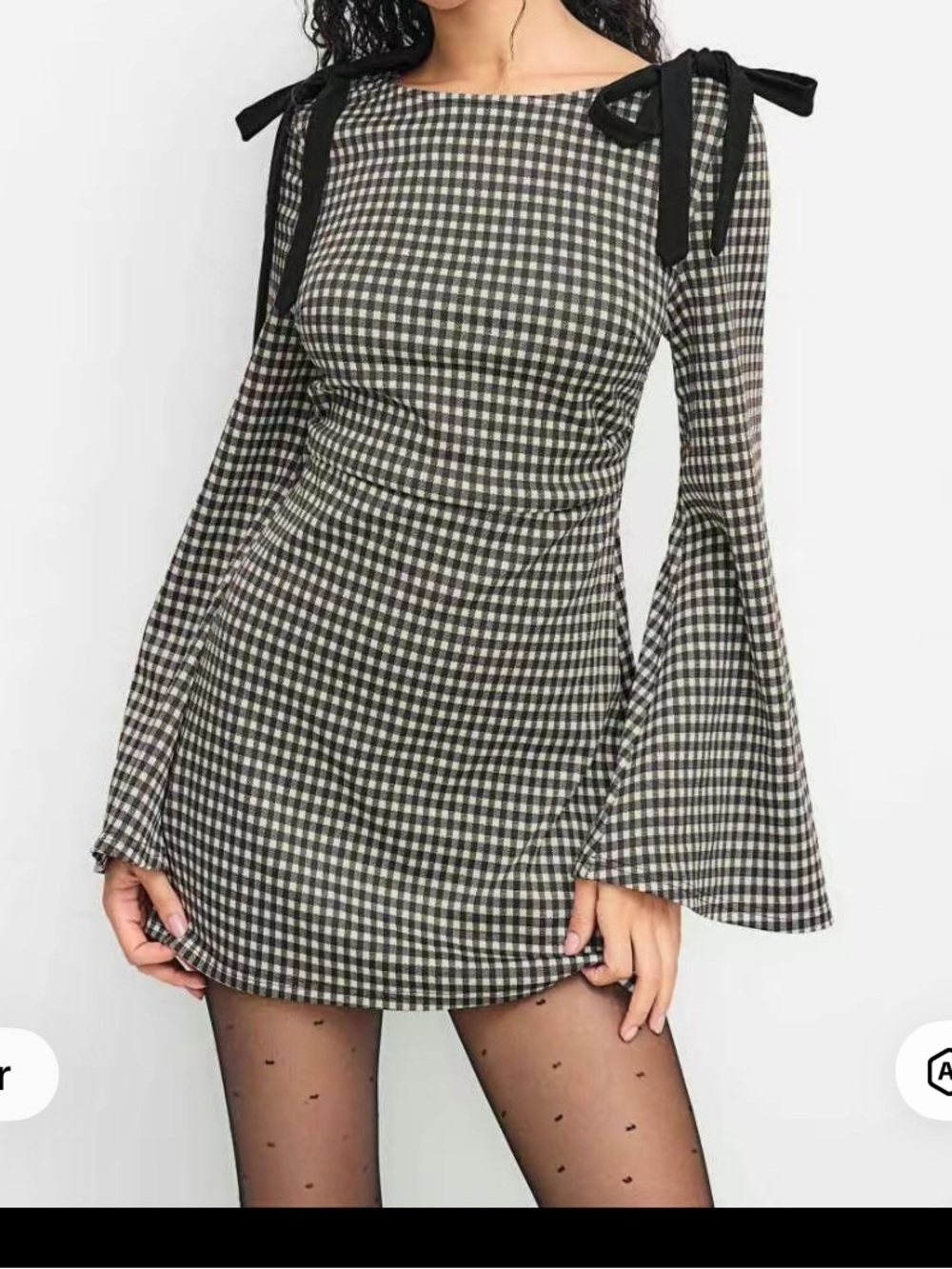 Cider Black and White Checked Long-Sleeve Mini Dress with Tie Shoulders